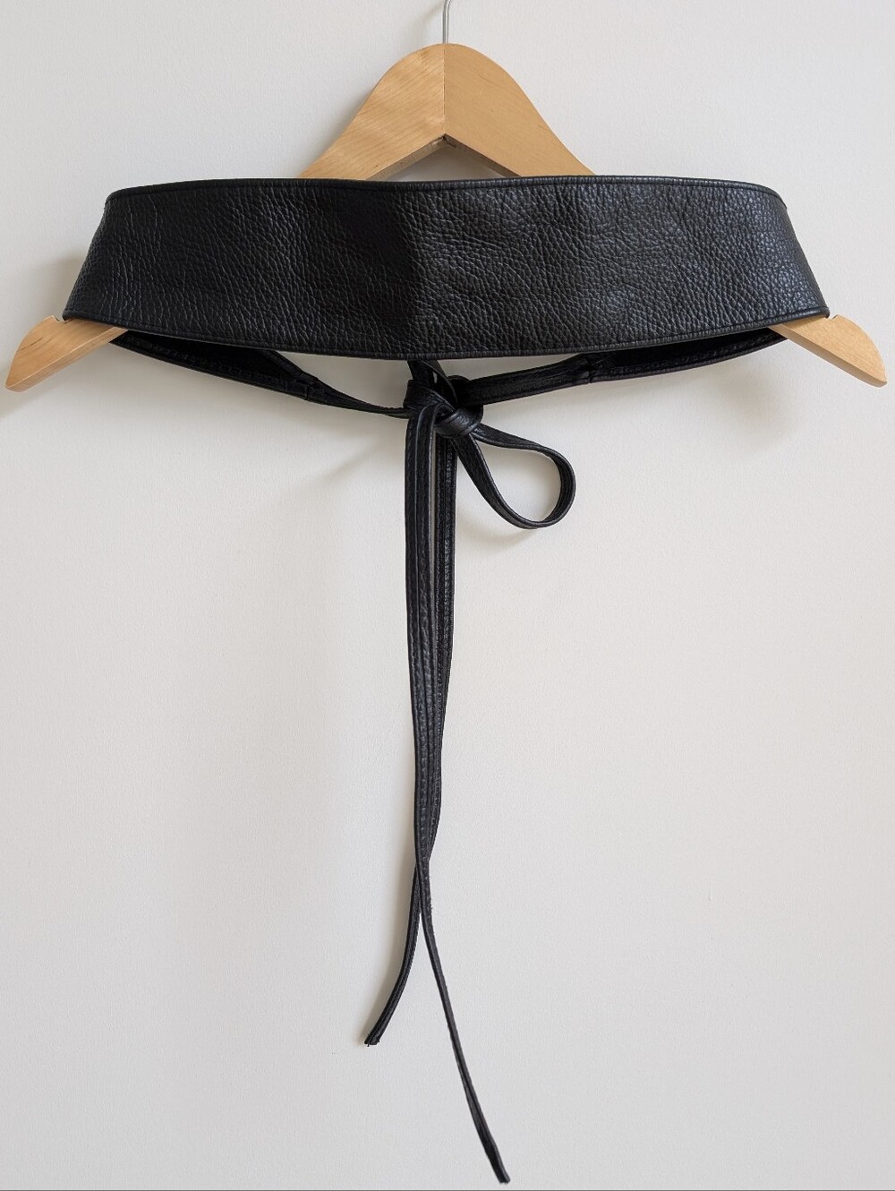 Black Pebbled Leather Long Waist Tie Belt